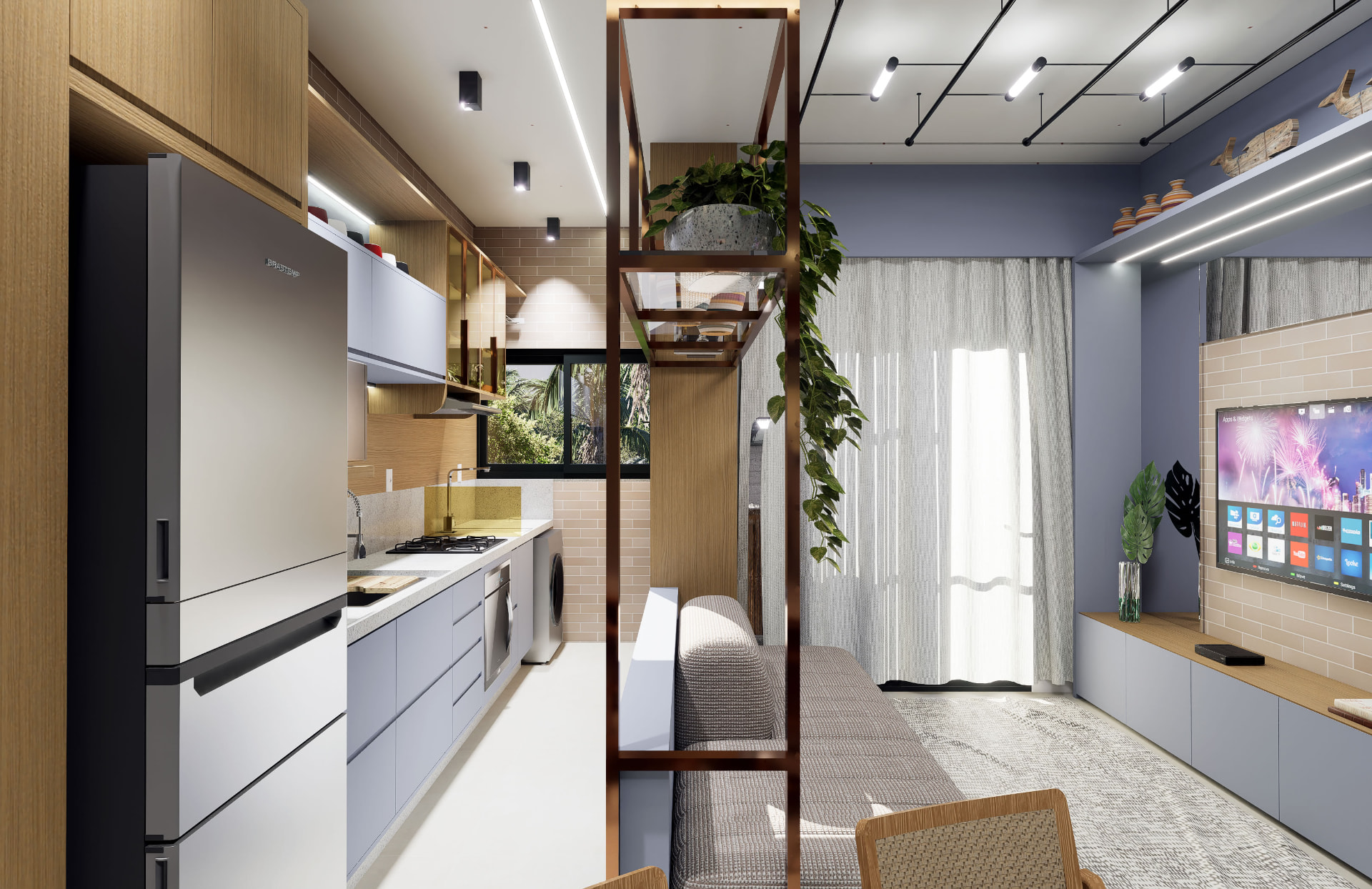 Sala e cozinha integradas do apartamento de 70 m²