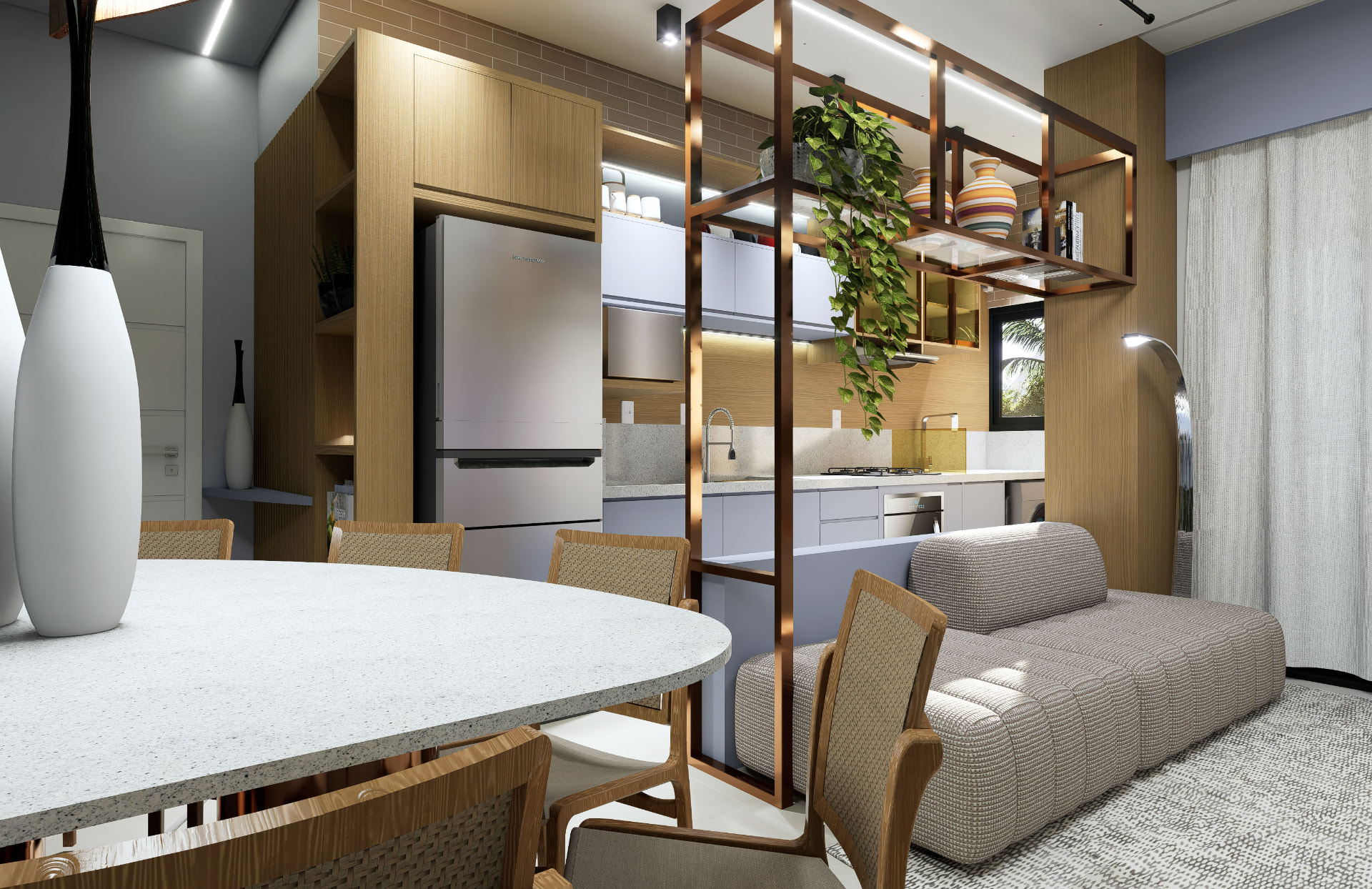 Living integrado do apartamento de 70 m²