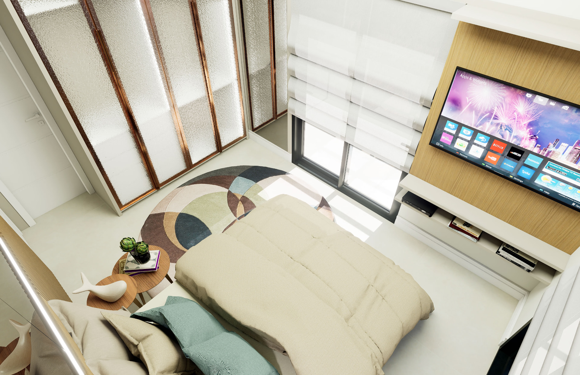 Suíte do casal no apartamento de 70 m²