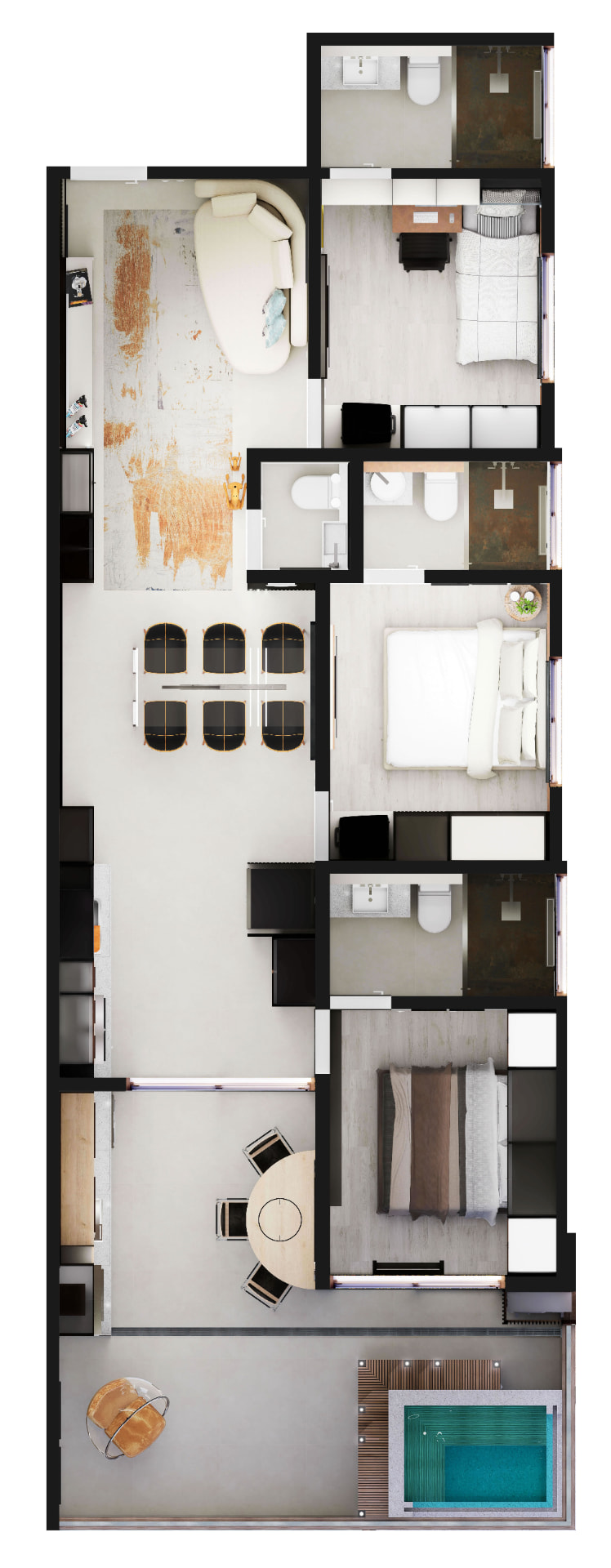 Planta ilustrada do apartamento de 95 m²